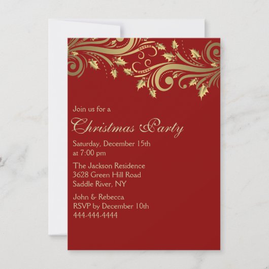 Rode & Gouden Holly Bloeiende Kerstfeest Uitnodige Kaart (Voorkant)