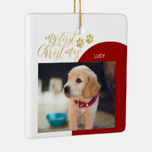 Rode & Gouden Huisdier Puppy Eerste Kerst Foto Keramisch Ornament