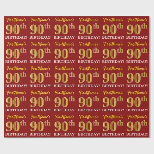 Rode, Gouden Imitatie Look "90ste VERJAARDAG" Cadeaupapier (Vlak)