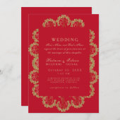 Rode & Gouden Indiase Stijl Monogram Huwelijk  Kaart (Voorkant / Achterkant)