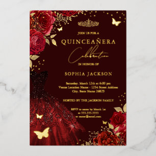 Rode Gouden Jurk Bloem Vlinder Quinceanera Folie Uitnodiging