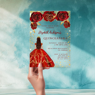 Rode gouden jurk bloemen rozen heldere Quinceanera Acryl Uitnodigingen