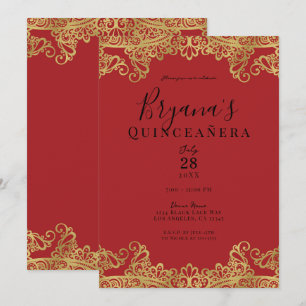 Rode & Gouden Kant Elegant Quinceañera Feest Kaart