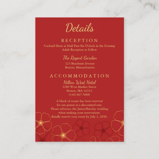 Rode Gouden Kersenbloesem Bruiloft Details Informatiekaartje (Voorkant)