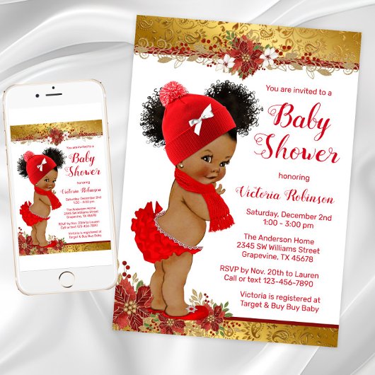 Rode Gouden Kerst Baby Shower Kaart
