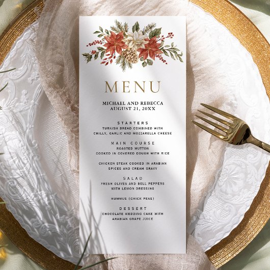 Rode Gouden Kerst Bloemige Bruiloft Menu