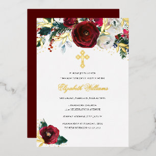 Rode Gouden Kerst Doop Bloemen Meisje Doop Folie Uitnodiging