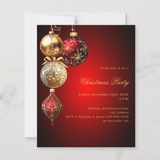 Rode gouden kerstbal QR-code Kerstfeest uitnodigin (Voorkant)