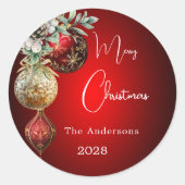 Rode gouden kerstballen ronde sticker (Voorkant)