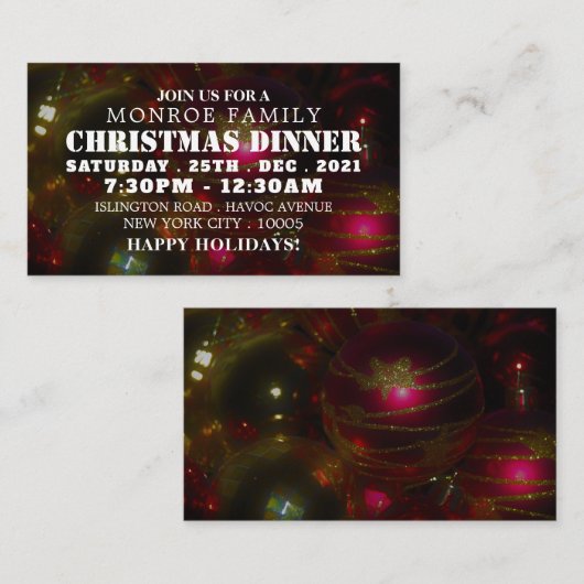 Rode & Gouden Kerstballen, Uitnodiging Kerstfeest  Informatiekaartje (Voorkant / Achterkant)