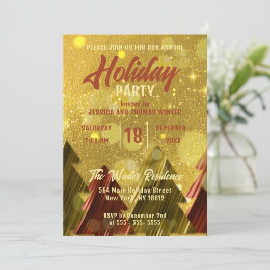 Rode Gouden Kerstbomen Vakantie Party Uitnodiging (Staand voorkant)