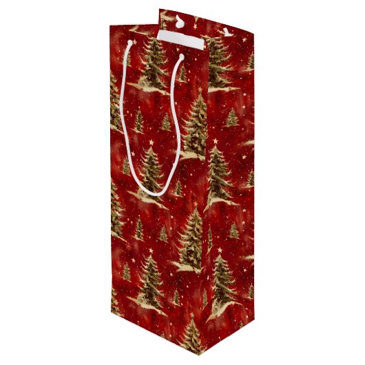 Rode gouden kerstbomen wijn cadeautas (Achterkant Gekanteld)