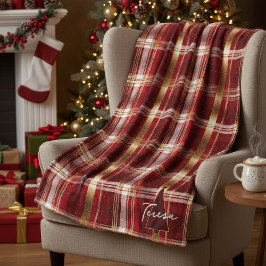 Rode Gouden Kerstboom Tartan Patroon#7 ID1009 Fleece Deken