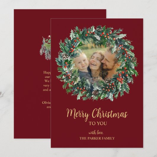 Rode & Gouden Kerstkrans Vakantie Kaart (Voorkant / Achterkant)