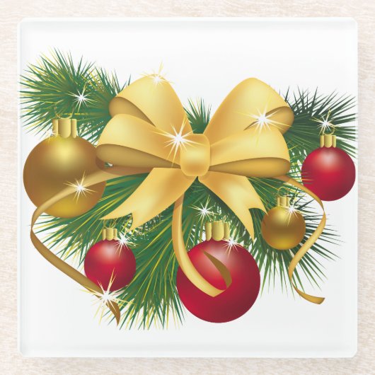 RODE & GOUDEN KERSTVERSIERINGEN & GOUDEN BOOG GLAZEN ONDERZETTER (Voorkant)