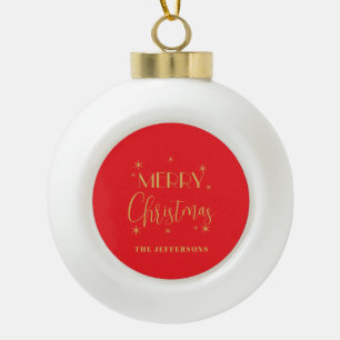 Rode & Gouden Kleuren Prettig Kerstmis Familienaam Keramische Bal Ornament