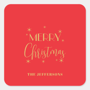 Rode & Gouden Kleuren Prettig Kerstmis Familienaam Vierkante Sticker