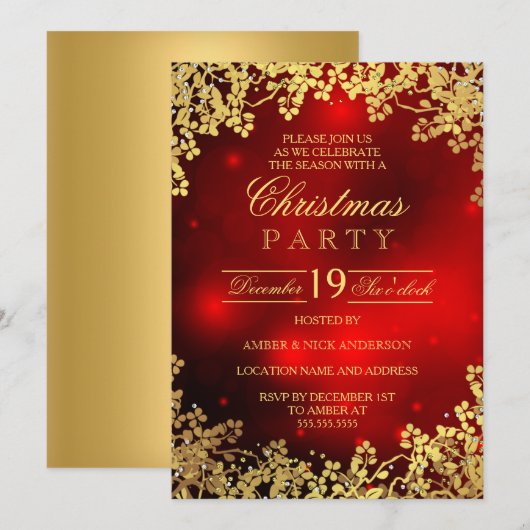 Rode Gouden Krans Kerstfeest Uitnodiging (Voorkant / Achterkant)