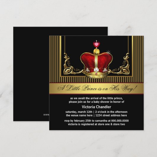 Rode Gouden Kroon Prins Baby Douche Uitnodigingen (Voorkant / Achterkant)