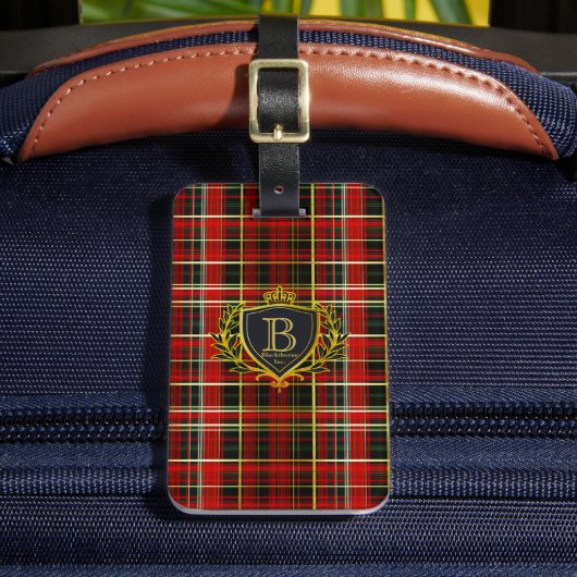 Rode Gouden Luxe Monogram Tartan Bagage Label (Voorkant Insitu 2)