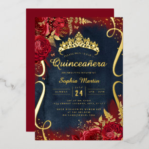 Rode Gouden Marine Bloemenrol Quinceanera Folie Uitnodiging