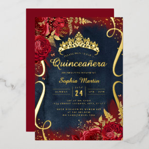 Rode Gouden Marine Bloemige Scroll Quinceanera Folie Uitnodiging