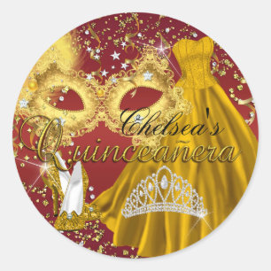 Rode & Gouden Masker Masquerade Quinceanera Sticke Ronde Sticker