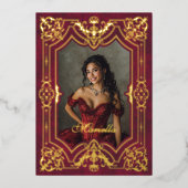 Rode Gouden Masquerade Foto Quinceanera Folie Uitnodiging (Voorkant)