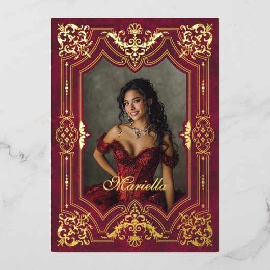 Rode Gouden Masquerade Foto Quinceanera Folie Uitnodiging (Voorkant)