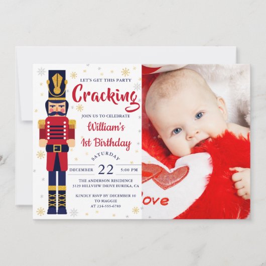 Rode Gouden Notenkraker Kerst Verjaardagsfoto Kaart (Voorkant)