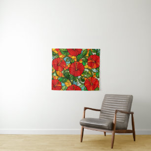 Rode Gouden Oranje Hibiscus Nep Gebrandschilderd G Wandkleed
