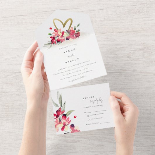 Rode gouden orchidee Waterverf All In One Uitnodiging (Afscheurbaar)