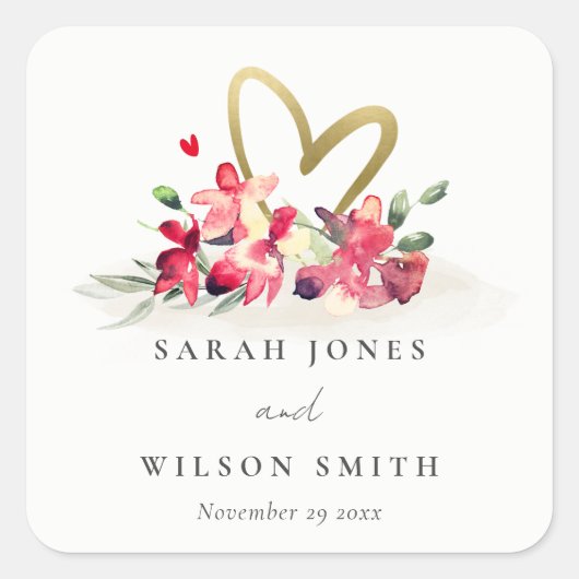 Rode gouden orchidee Waterverf Vierkante Sticker (Voorkant)