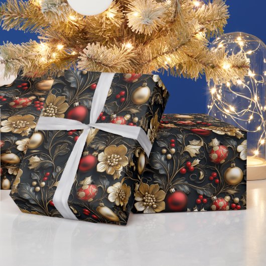  Rode & Gouden Ornamenten Gouden Bloemen Holly Cadeaupapier (Feestdagen)