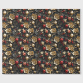  Rode & Gouden Ornamenten Gouden Bloemen Holly Cadeaupapier (Vlak)