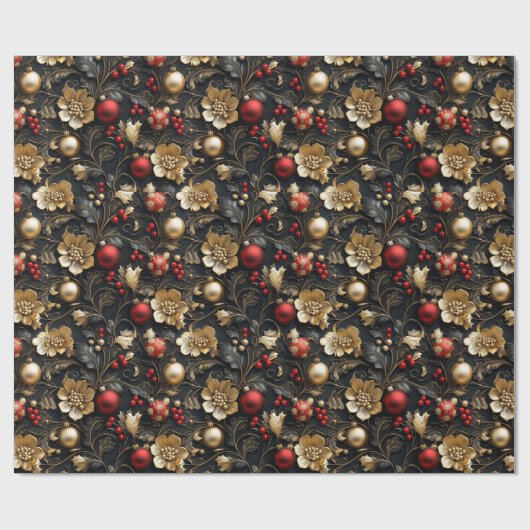  Rode & Gouden Ornamenten Gouden Bloemen Holly Cadeaupapier (Vlak)