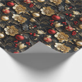  Rode & Gouden Ornamenten Gouden Bloemen Holly Cadeaupapier (Hoek)