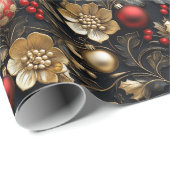  Rode & Gouden Ornamenten Gouden Bloemen Holly Cadeaupapier (Rol Hoek)