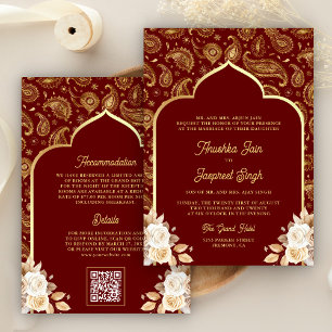 Rode Gouden Paisley Bloem QR Code Indiase Trouwdag Kaart