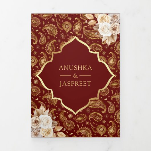 Rode Gouden Paisley Bloemen QR Code Indische Bruil Drieluik Uitnodiging (Cover)