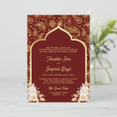 Rode Gouden Paisley Bloemen QR Code Indische Bruil Kaart (Staand voorkant)