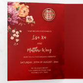 Rode Gouden Pioen Foto Chinese Bruiloft Drieluik Uitnodiging (Binnenzijde eerst)