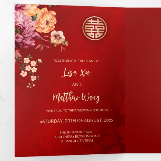 Rode Gouden Pioen Foto Chinese Bruiloft Drieluik Uitnodiging (Binnenzijde eerst)