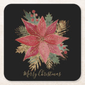 Rode gouden poinsettia bloem vrolijk kerstfeest kartonnen onderzetters (Voorkant)