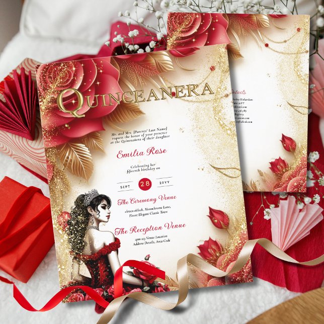 Rode gouden Quinceanera-jurk ceremonie receptie    (Creator heeft geüpload)