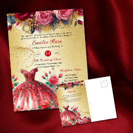 Rode gouden Quinceanera-jurk ceremonie receptie Briefkaart