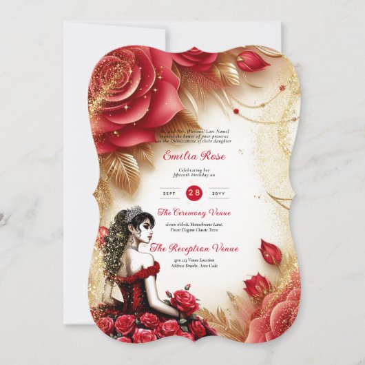 Rode gouden Quinceanera-jurk ceremonie receptie    Kaart (Voorkant)