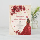 Rode & Gouden Quinceañera Uitnodiging (Staand voorkant)