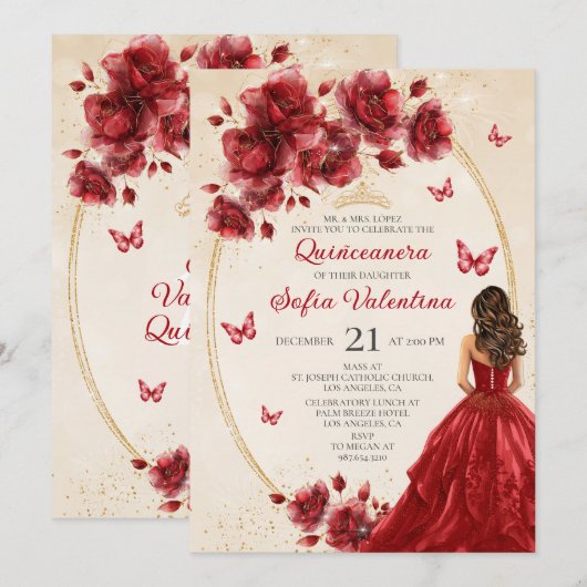 Rode & Gouden Quinceañera Uitnodiging (Voorkant / Achterkant)