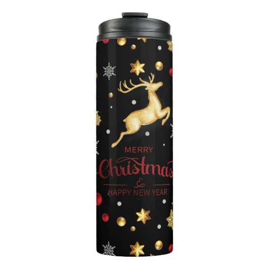 Rode Gouden Rendier Kerstboom  Thermosbeker (Voorkant)